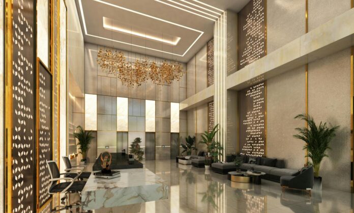 Lobi modern dengan lantai marmer dan furnitur kontemporer