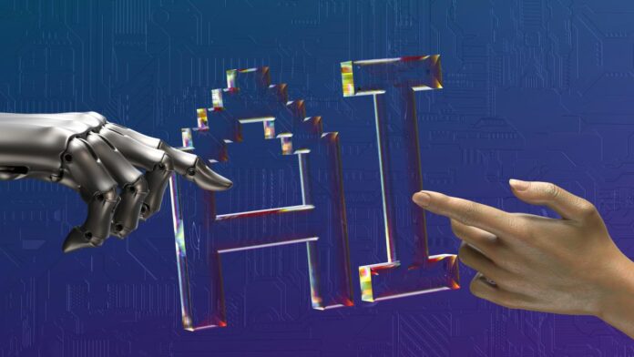 Robot dan tangan manusia menjangkau teks AI